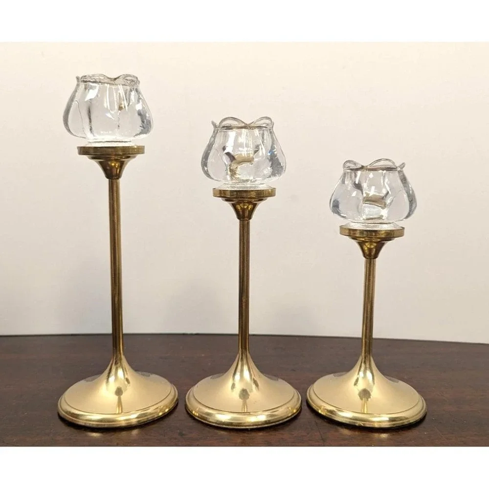 Vintage Graduated Brass Candlestick Holders Set 3 Glass Tulip Votive Cups Gold